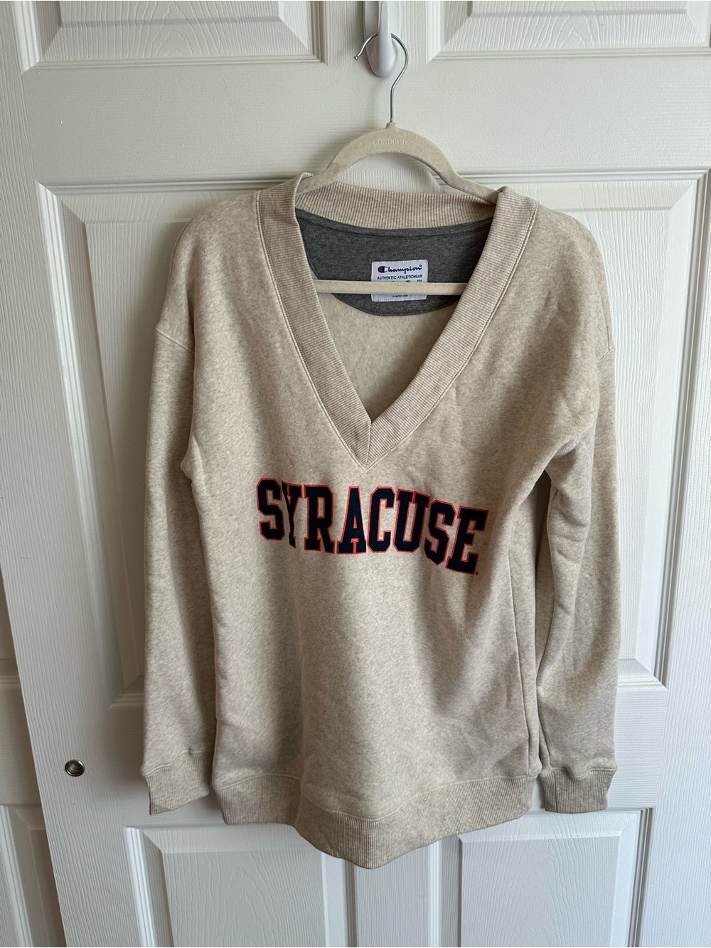 Champion V-Neck Syracuse Sweatshirt in Cream with Navy & Orange Lettering
